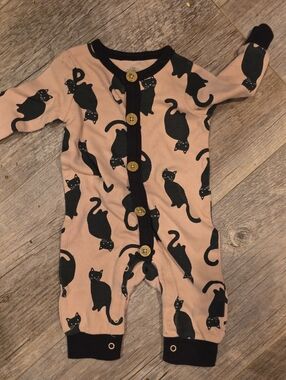Carter's Beige One-Piece Footie with Black Cat Print